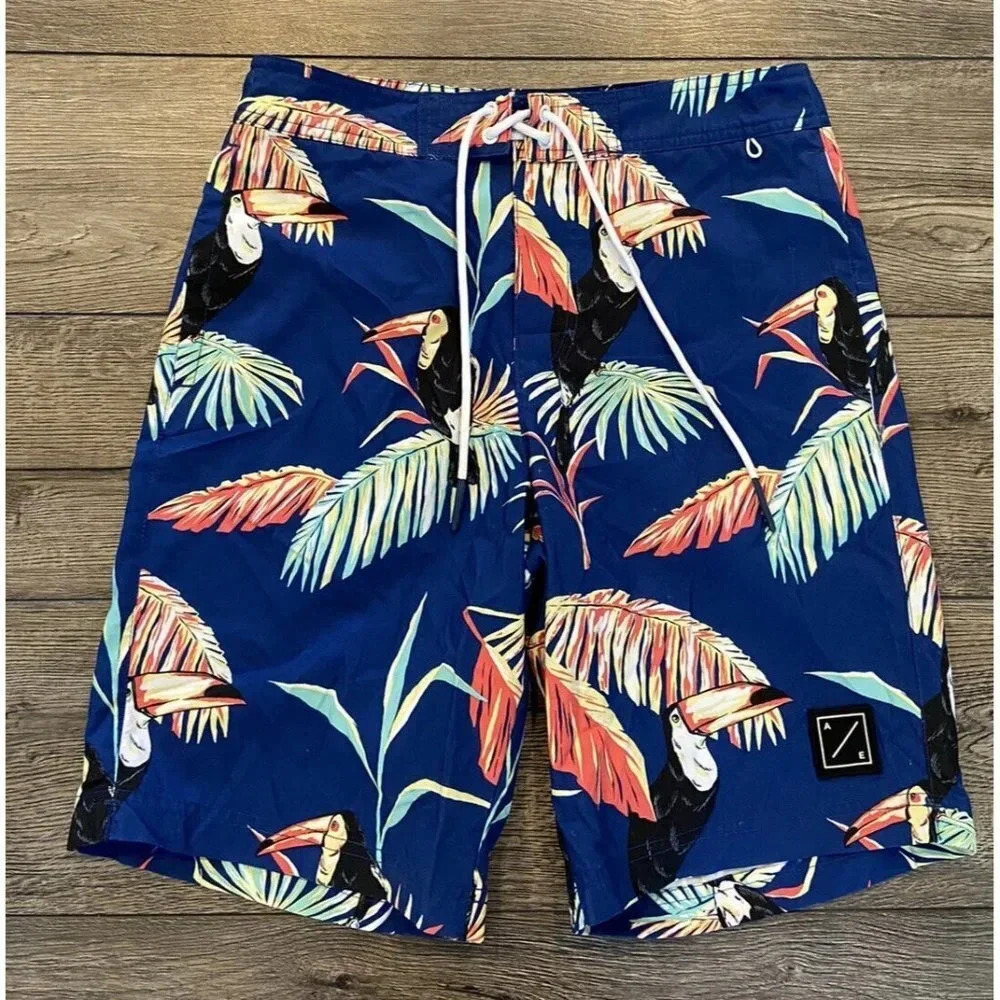 NWT American Eagle Board Shorts Blue Toucan Bird Small S New